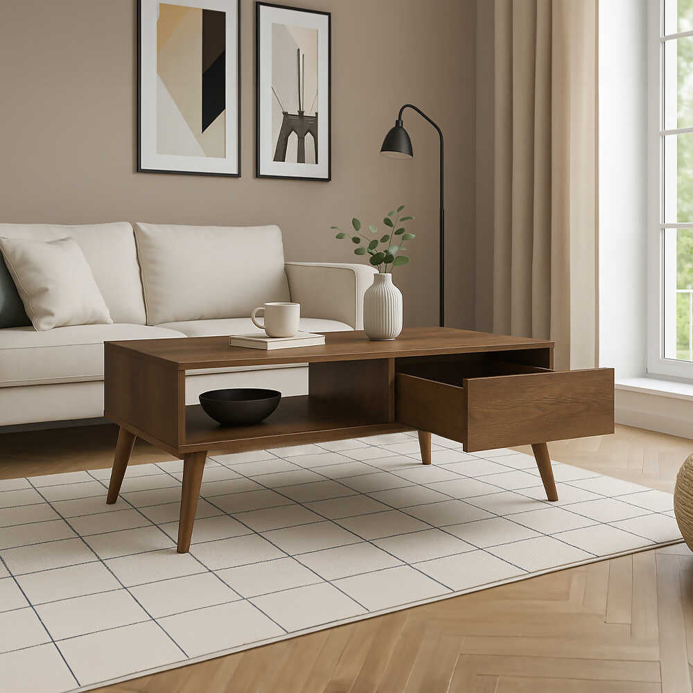 Masuta Cafea cu sertar Adore Living, Alb - Maro - Natur, 110x42x65 cm - Maro