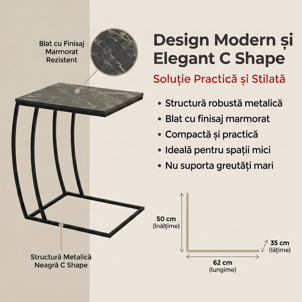 Masuta Cafea Laterala Adore C shape, 50x62x35 cm - Antracit