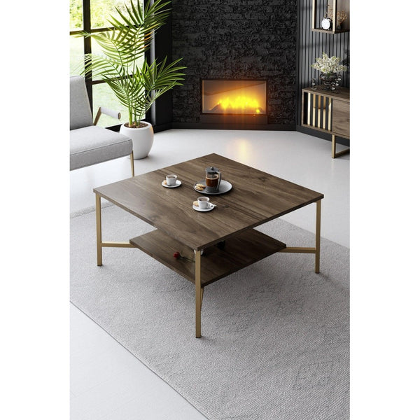 Masuta Cafea, PAL Melaminat / Metal, Gold Line, Negru / Auriu, 80x80x40 cm