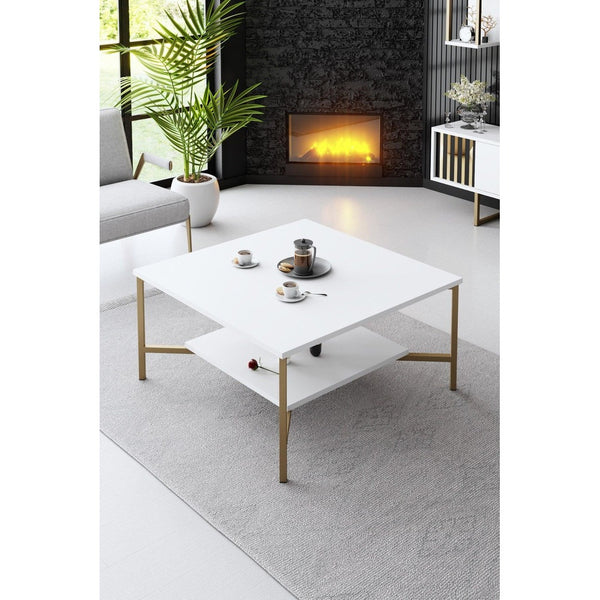 Masuta Cafea, PAL Melaminat / Metal, Gold Line, Negru / Auriu, 80x80x40 cm