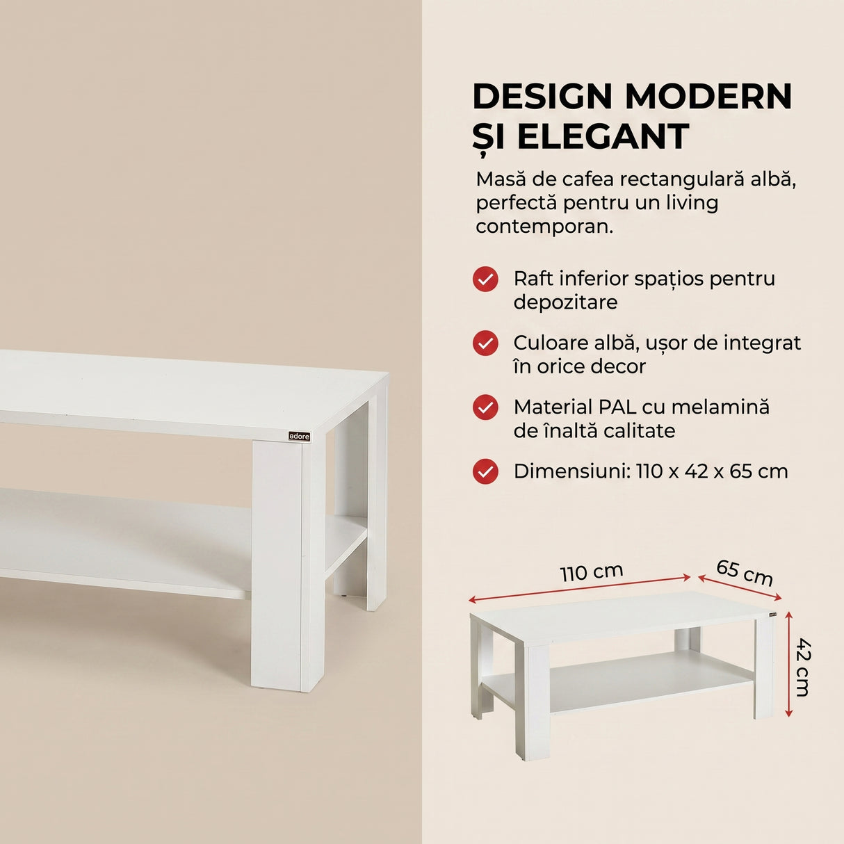 Masuta Cafea Rectangular Adore Living, Alb, 110x42x65 cm