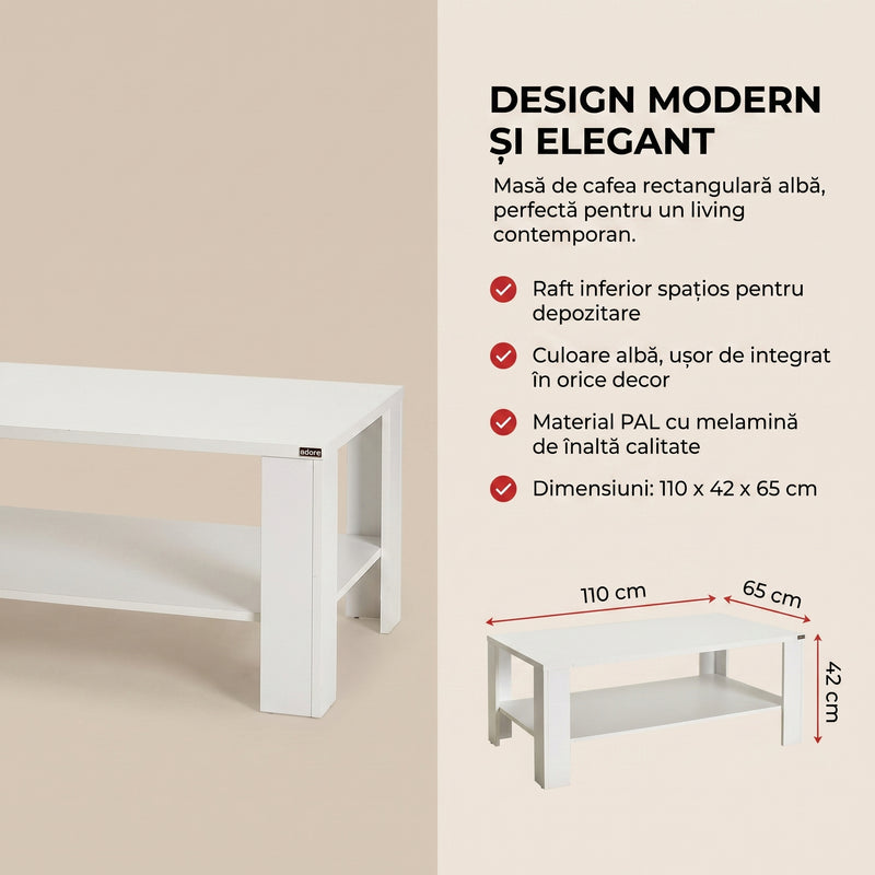 Masuta Cafea Rectangular Adore Living, Alb, 110 x 42 x 65 Cm