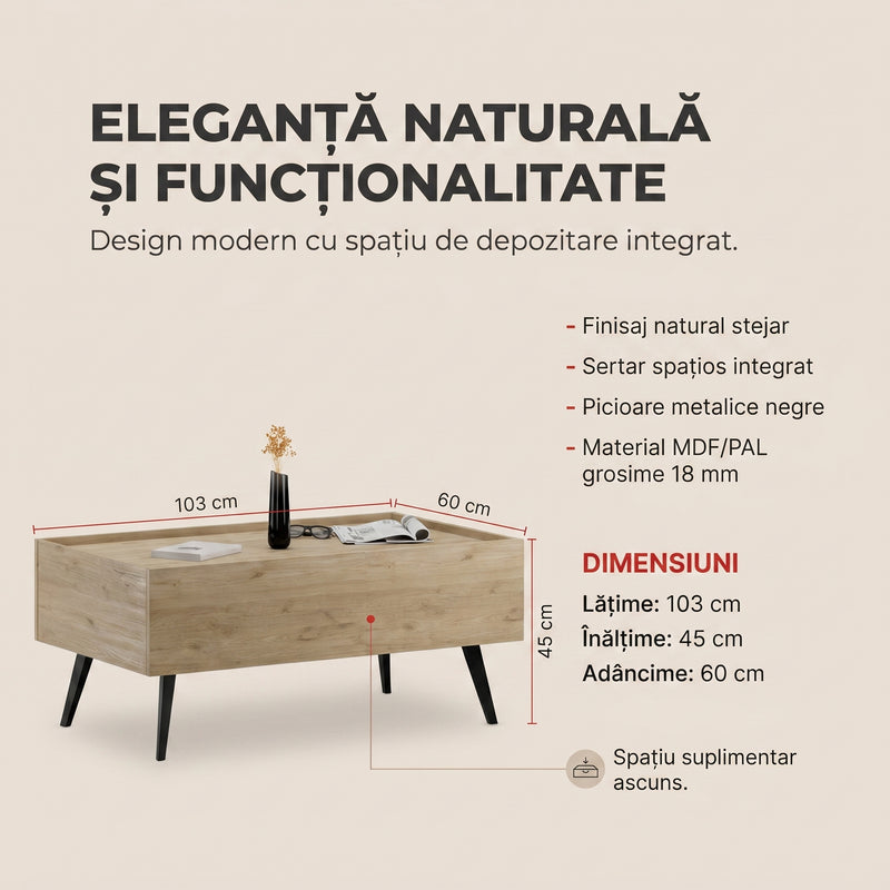 Masuta de cafea Adore Luna, Stejar, 103x45x60 cm, imagine suplimentara