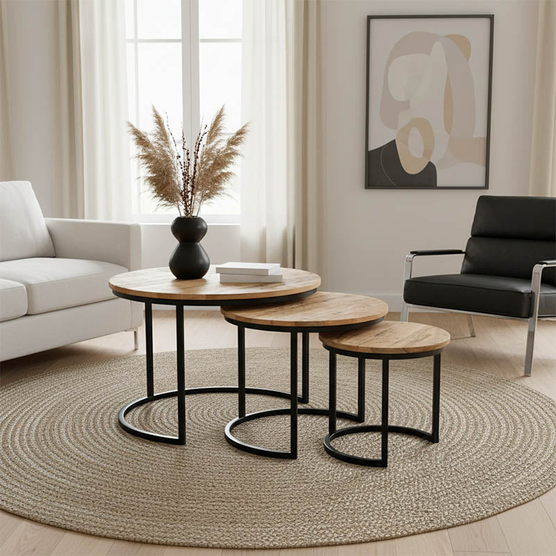 Masuta de cafea set 3 piese Frina, lemn masiv de mango, Naturala, 70x70x45 cm