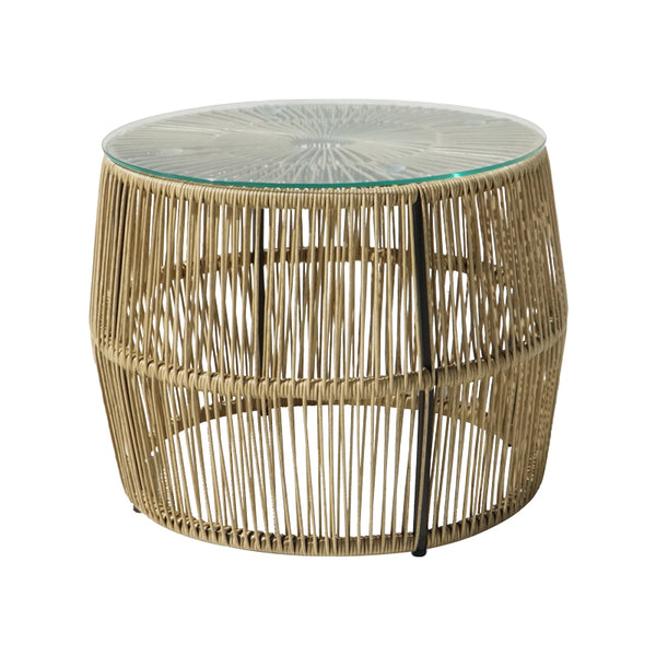 Măsuță rotundă Adela cu blat din sticlă și bază din răchită, Răchită și Sticlă, Natur, 47x38 cm