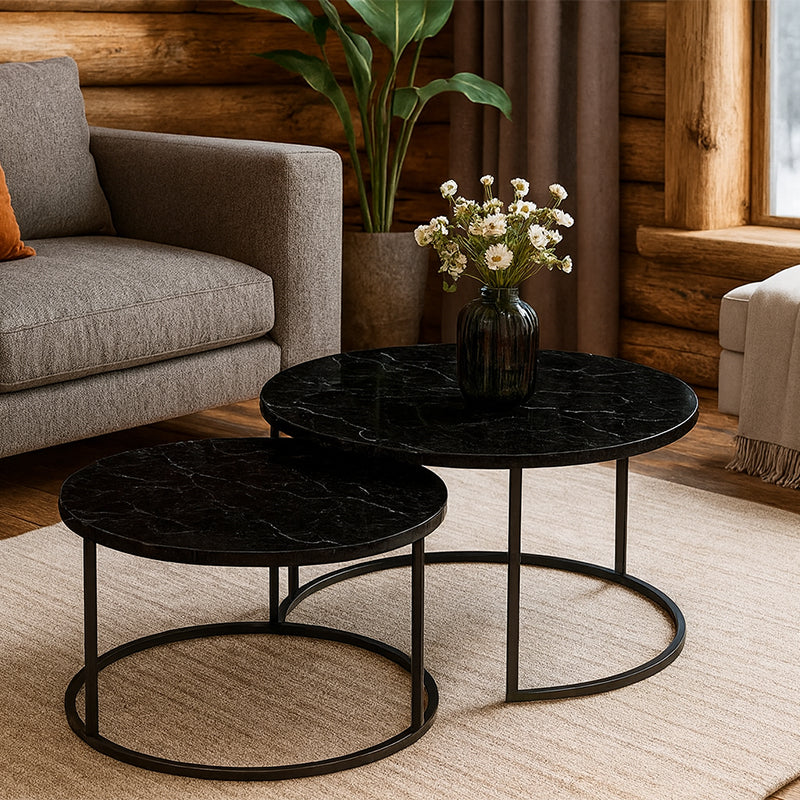 Măsuțe de cafea set 2 piese cu aspect de marmură, Solme, Metal Negru, flexibile, 75x75x45 cm