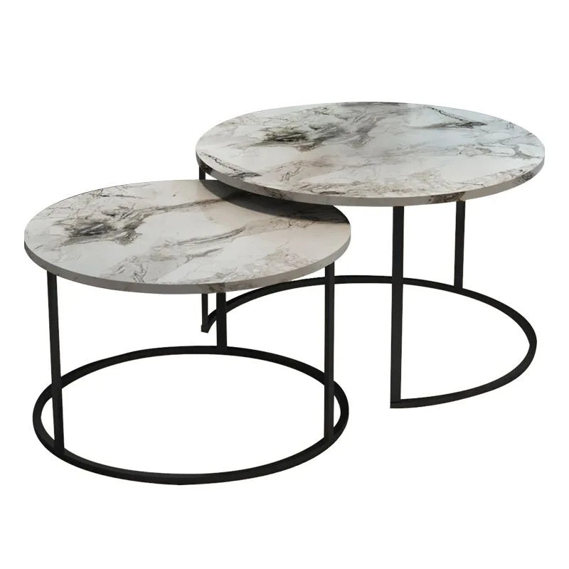 Mese de cafea cu aspect de marmură, Solme, metal negru, set 2 bucăți, 75x75x45 cm