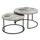 Mese de cafea cu aspect de marmură, Solme, metal negru, set 2 bucăți, 75x75x45 cm