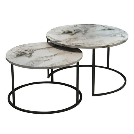 Mese de cafea cu aspect de marmură, Solme, metal negru, set 2 bucăți, 75x75x45 cm