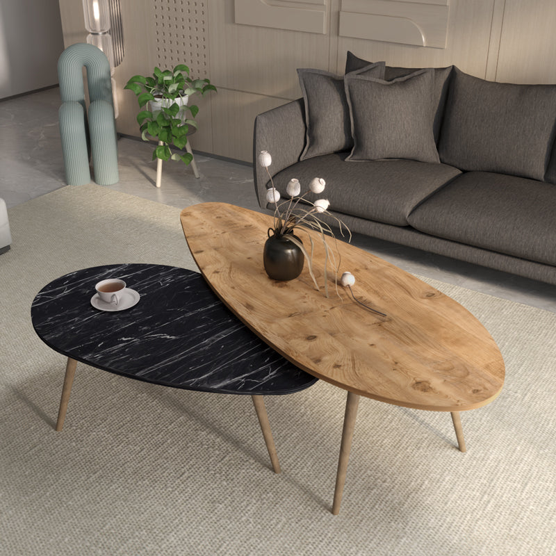 Mese de cafea Monty, set 2 piese, marmura în nuante de negru-Natural, versatile, 116x46x46 cm