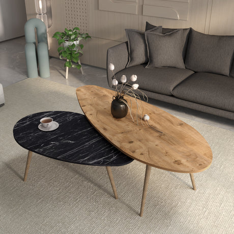 Mese de cafea Monty, set 2 piese, marmura în nuante de negru-Natural, versatile, 116x46x46 cm