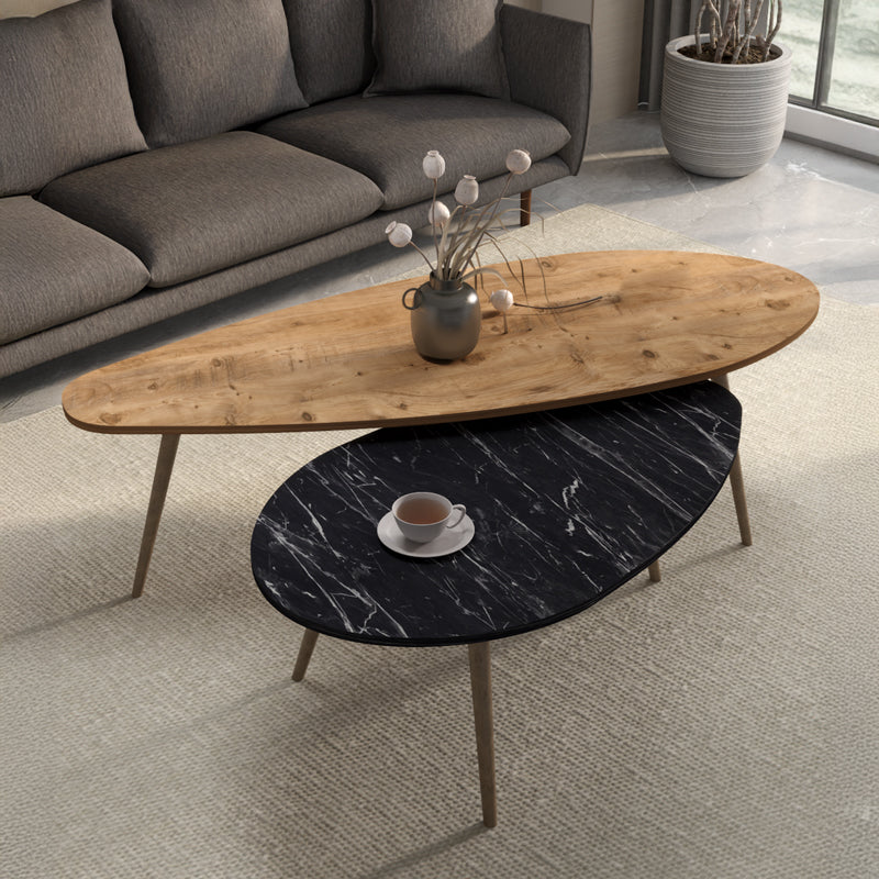 Mese de cafea Monty, set 2 piese, marmura în nuante de negru-Natural, versatile, 116x46x46 cm