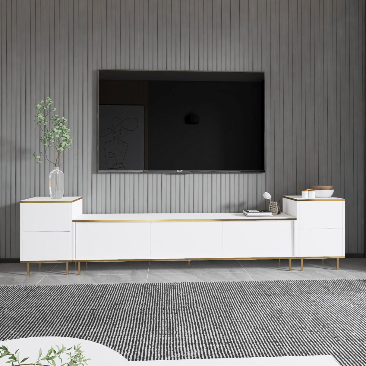 Comoda Tv Imag, Marmura, Alb, 260x60x35 cm - Alb