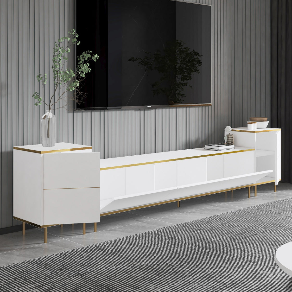 Comoda Tv Imag, Marmura, Alb, 260x60x35 cm - Alb