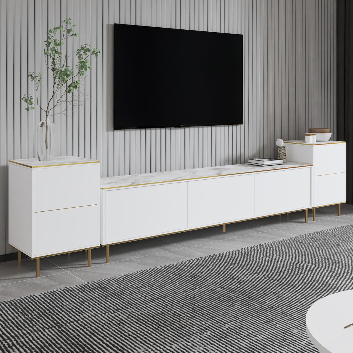 Comoda Tv Imag, Marmura, Alb, 260x60x35 cm - Marmura