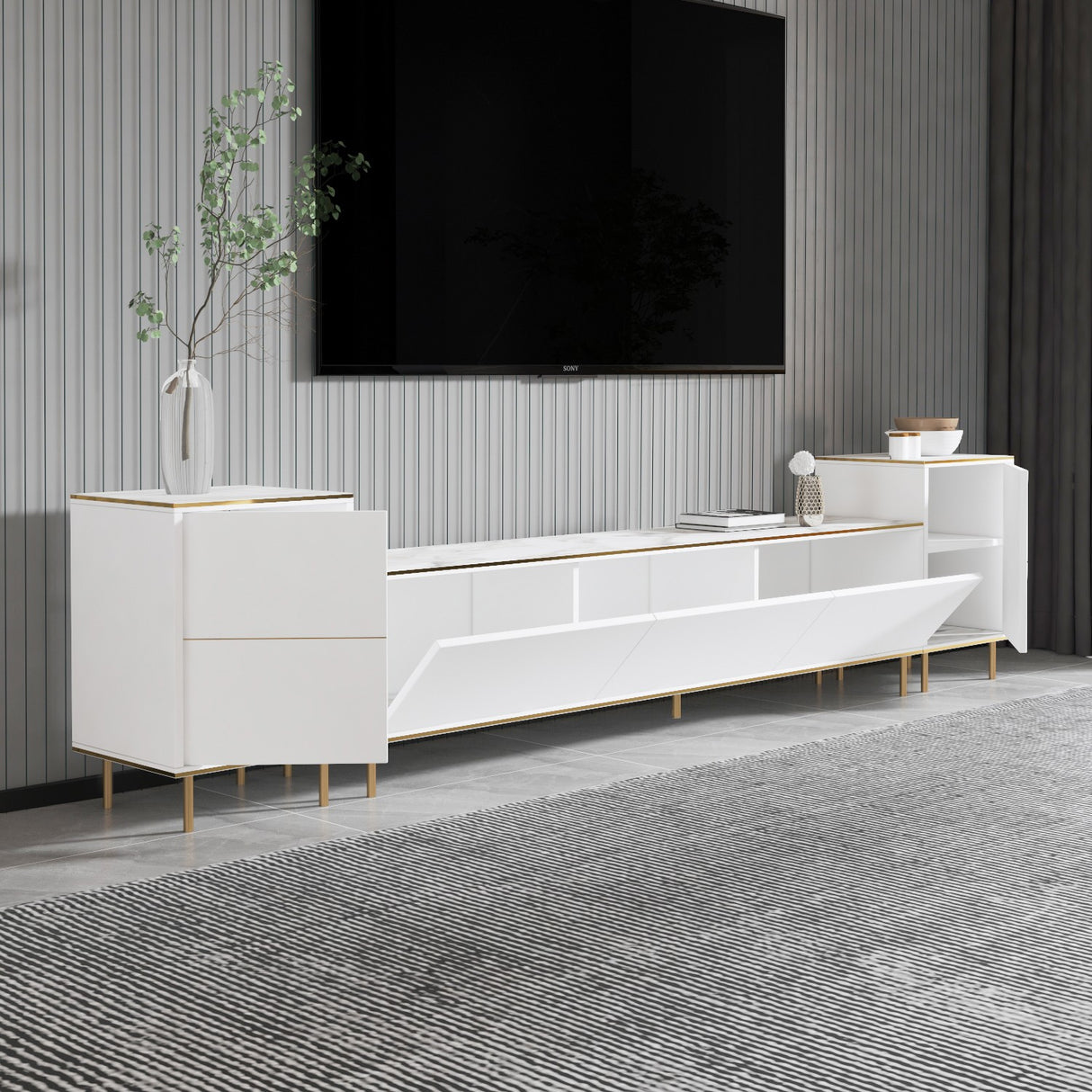Comoda Tv Imag, Marmura, Alb, 260x60x35 cm - Marmura