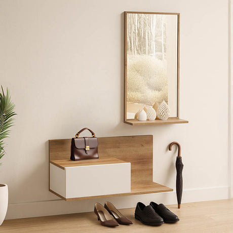Mobilier de intrare cu oglinda Miranda, Alb-Stejar, Lemn, 60x30x89 cm