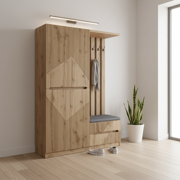 Mobilier de intrare Zomie, Lemn de Stejar, 131x41x180 cm