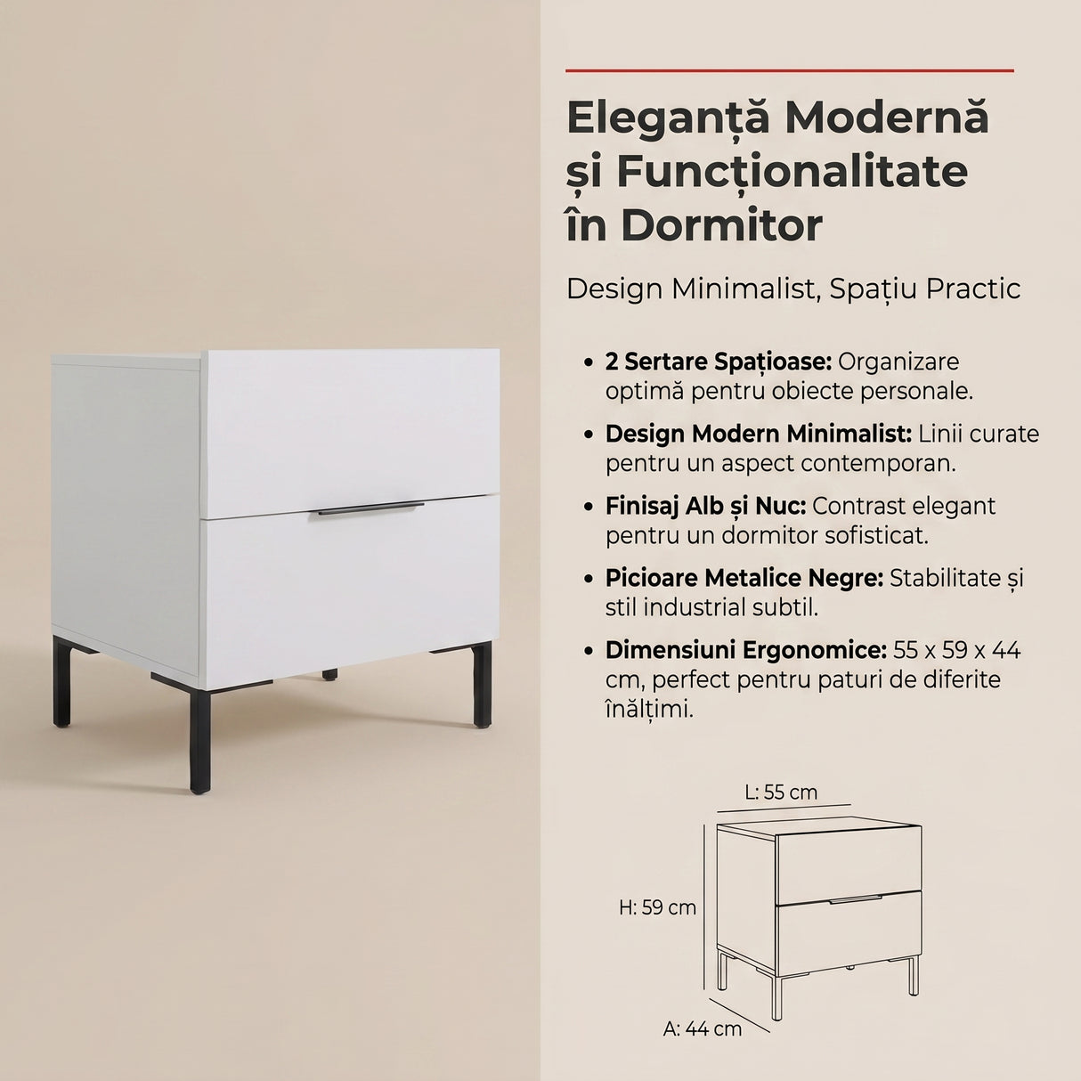 Noptiera Adore Oryana, 2 sertare, Alb - Nuc, 55x59x44 cm - Alb