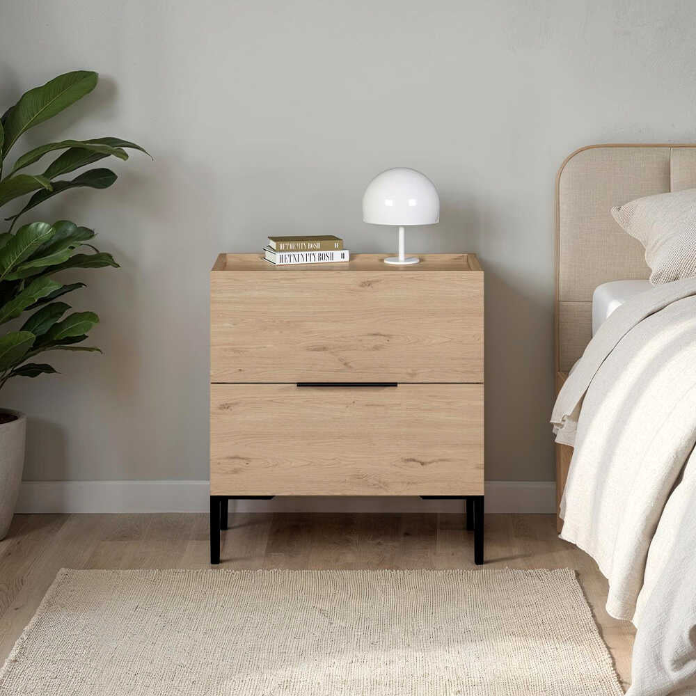 Noptiera Adore Oryana, 2 sertare, Alb - Nuc, 55x59x44 cm - Stejar