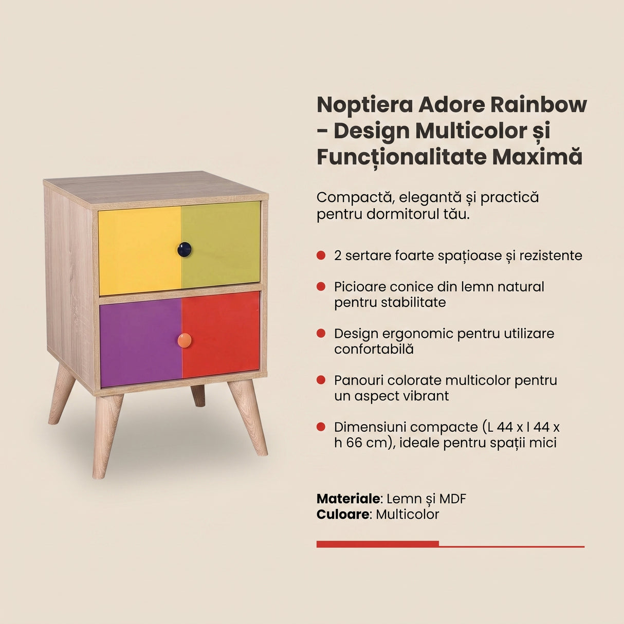 Noptiera Adore Rainbow, 2 sertare, Rainbow, Multicolor, 44x66x44 cm