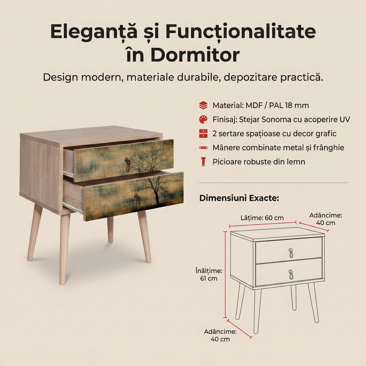 Noptiera Two - Nightstand 13, Stejar Sonoma, 61x40x60 cm