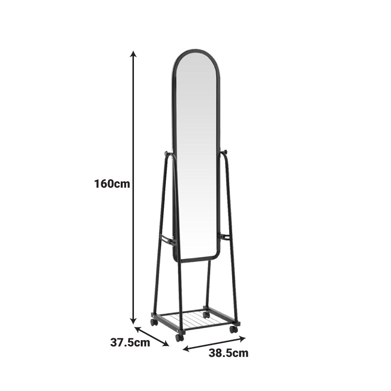 Oglinda pe roti cu raft Lomna, Negru, metal/, 38x37x160 cm - Negru
