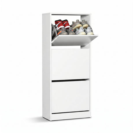 Pantofar Adore Compact Plus, 12 Perechi, 3 Compartimente, Alb - Stejar, 51x119x26 cm