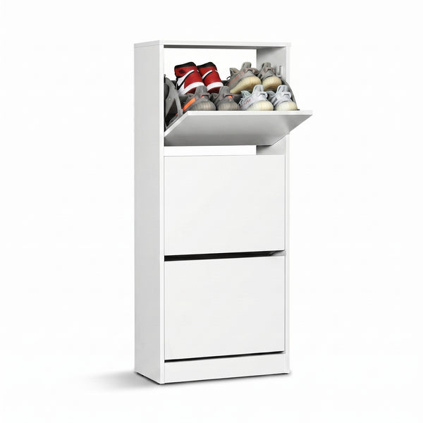 Pantofar Adore Compact Plus, 12 Perechi, 3 Compartimente, Alb - Stejar - Mov, 51x119x26 cm