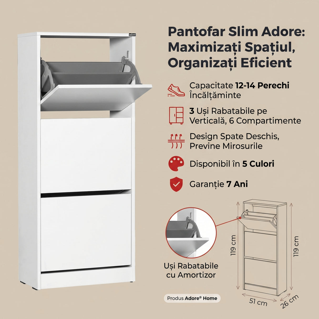 Pantofar Adore Compact Plus, 12 Perechi, 3 Compartimente, Alb - Stejar - Mov, 51x119x26 cm - Alb