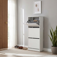 Pantofar Adore Compact Plus, 12 Perechi, 3 Compartimente, Alb - Stejar - Mov, 51x119x26 cm