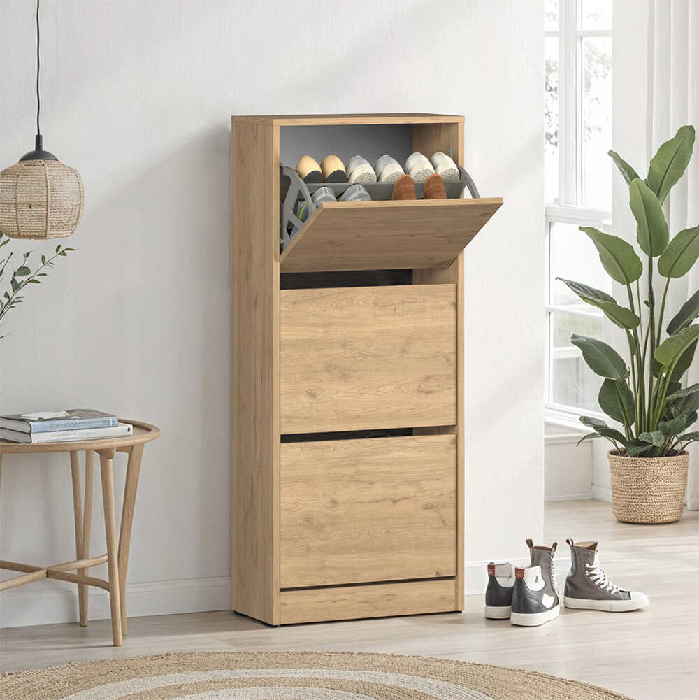 Pantofar Adore Compact Plus, 12 Perechi, 3 Compartimente, Alb - Stejar - Mov, 51x119x26 cm - Stejar