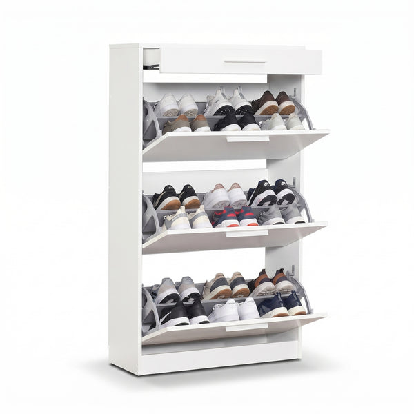 Pantofar Adore Extra, 3 compartimente, capacitate 18 perechi incaltaminte, Alb - Nuc, 75x128x29 cm