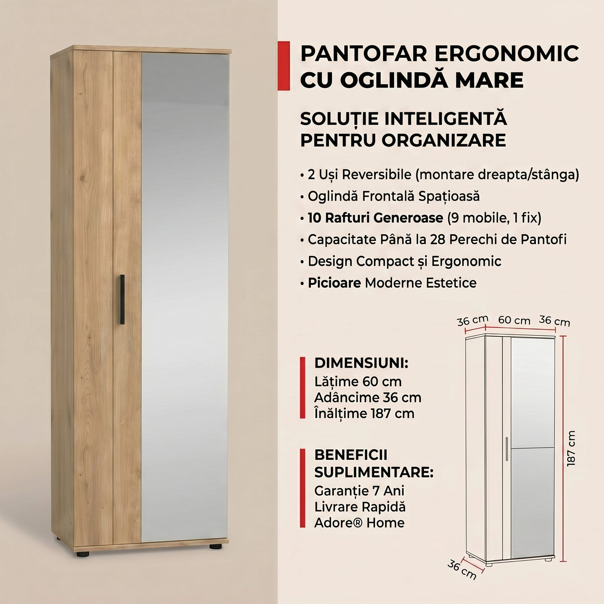 Pantofar Adore Porto, 2 usi reversibile cu oglinda, 10 rafturi, capacitate 28 perechi, 60 x 187 x 36 cm - Natur