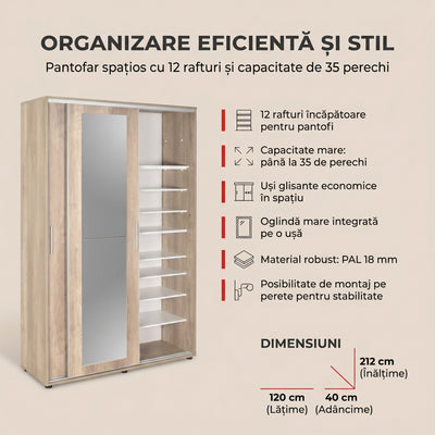 Pantofar Adore Porto cu cuier, 2 usi cu oglinda, 12 rafturi, capacitate 35 perechi incaltaminte, 120 x 212 x 40 Cm