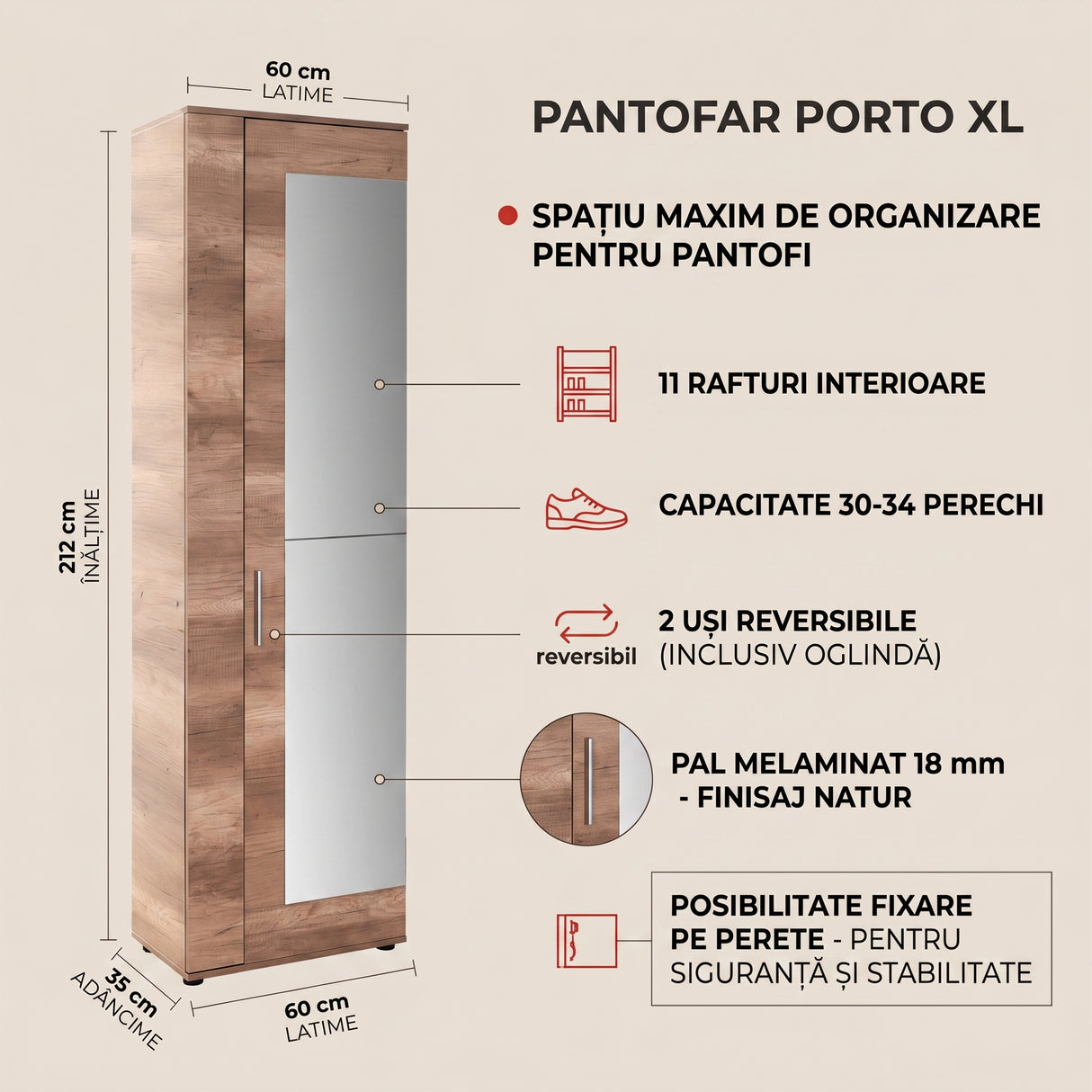 Pantofar Adore Porto XL, 2 usi reversibile cu oglinda, 11 rafturi, capacitate 30-34 perechi, Natur, 60x212x35 cm