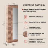 Pantofar Adore Porto Lung, 2 usi reversibile cu oglinda, 11 rafturi, capacitate 30-34 perechi, Natur, 60 x 212 x 35 cm
