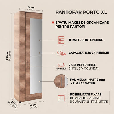 Pantofar Adore Porto Lung, 2 usi reversibile cu oglinda, 11 rafturi, capacitate 30-34 perechi, Natur, 60 x 212 x 35 cm