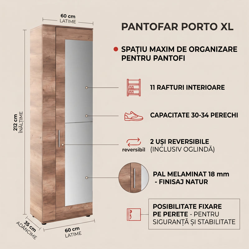 Pantofar Adore Porto Lung, 2 usi reversibile cu oglinda, 11 rafturi, capacitate 30-34 perechi, Natur, 60 x 212 x 35 cm