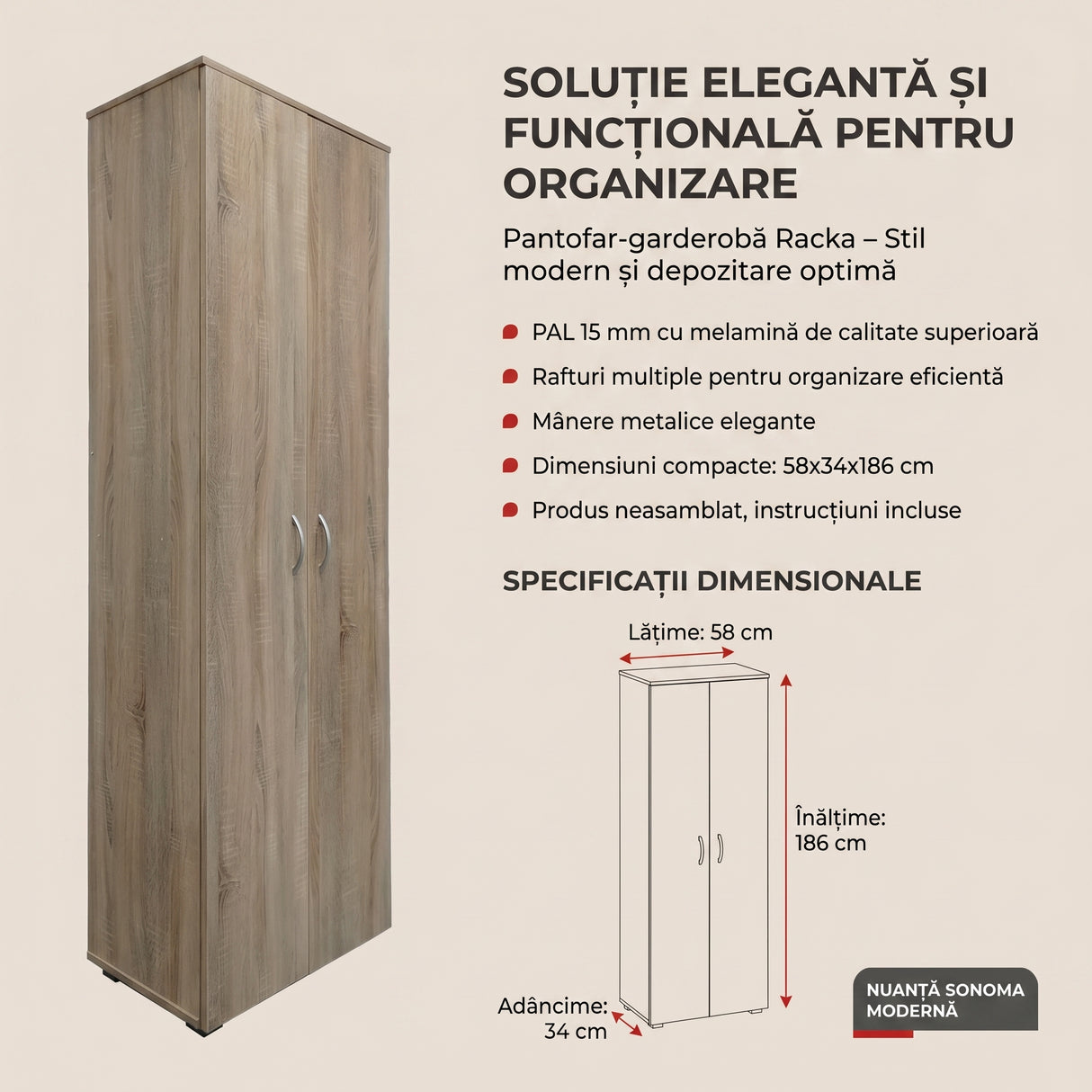 Pantofar cu functie de garderoba Racka, Sonoma, 58x34x186 cm