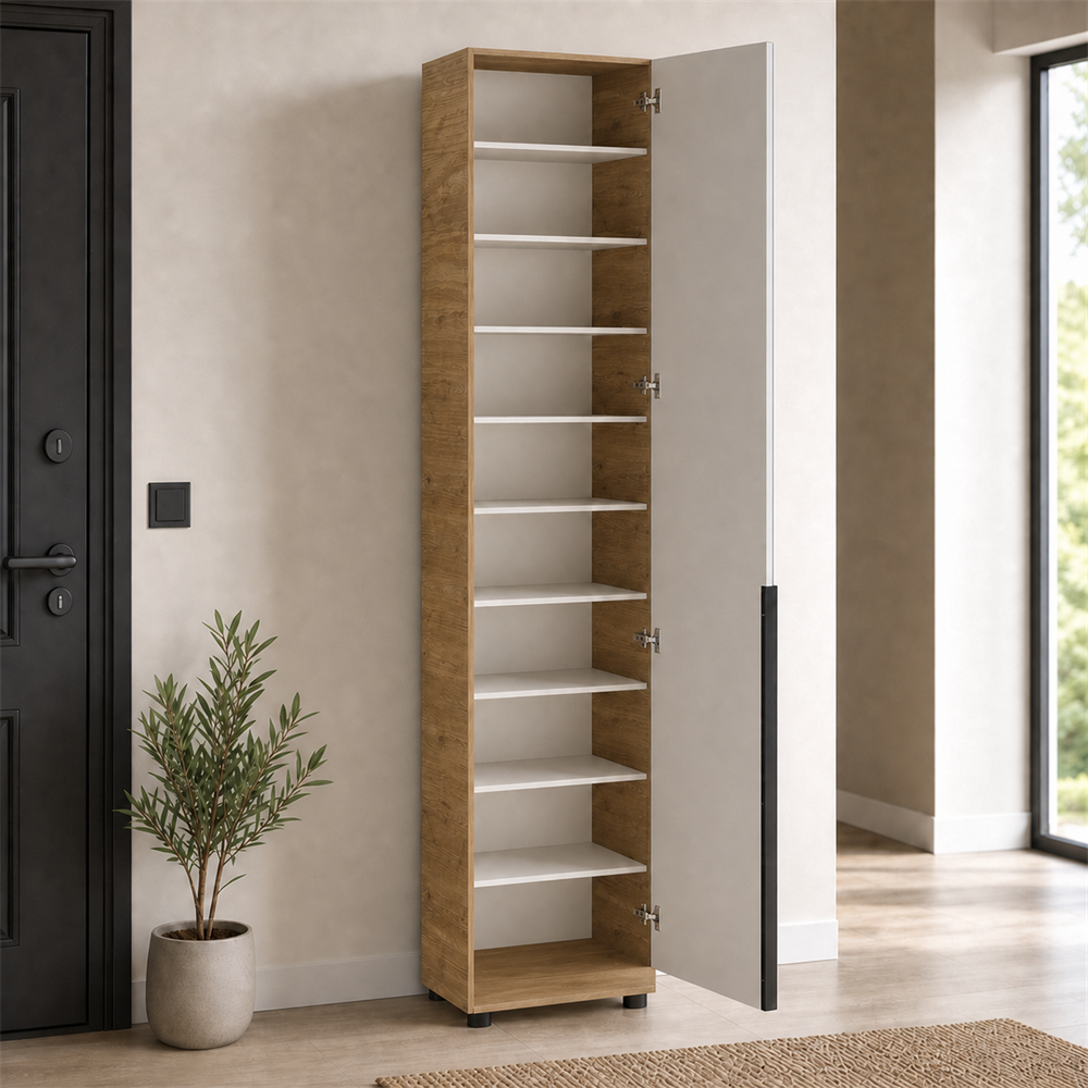 Pantofar cu oglinda Adore Porto, 1 usa si 10 compartimente, Stejar - Bej, 47x210x34 cm
