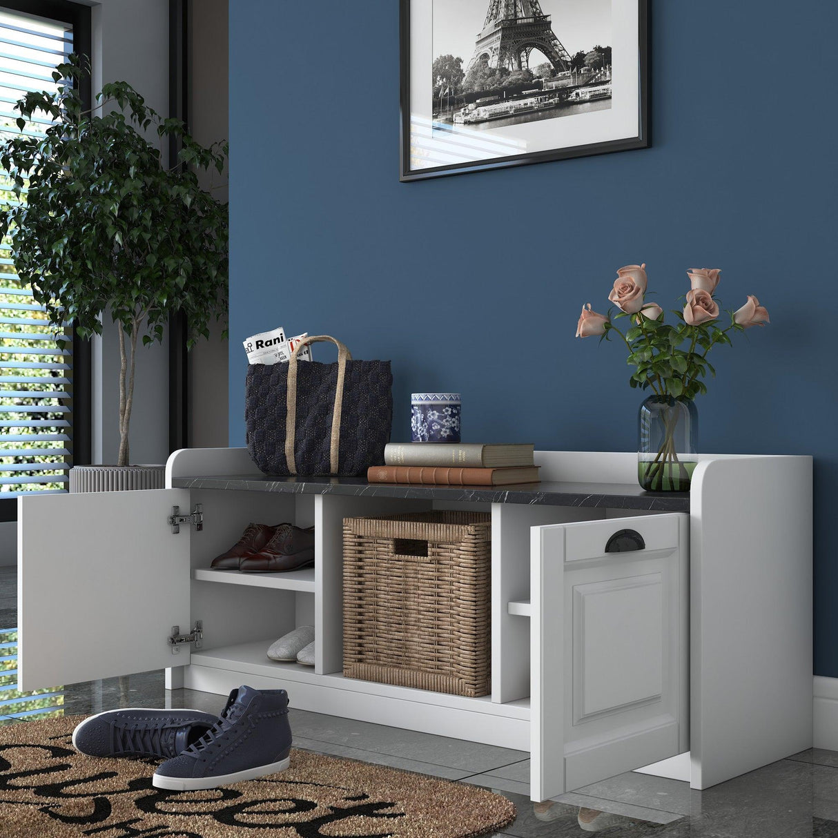 Pantofar cu taburet Tadic, Alb, 120 x 45 x 40 cm