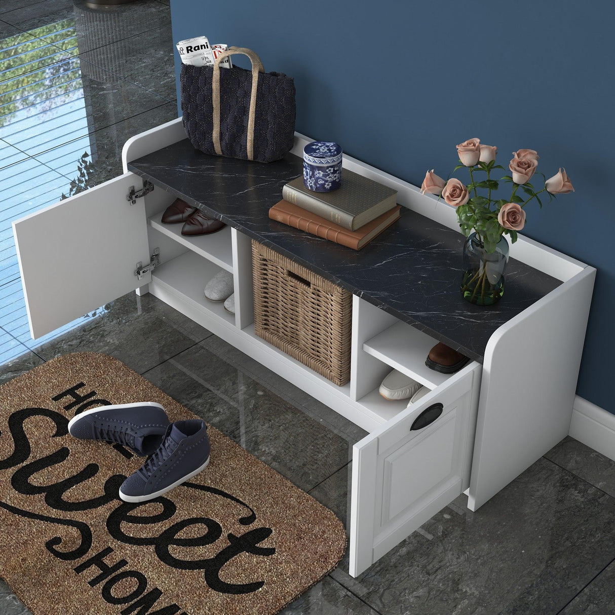 Pantofar cu taburet Tadic, Alb, 120 x 45 x 40 cm