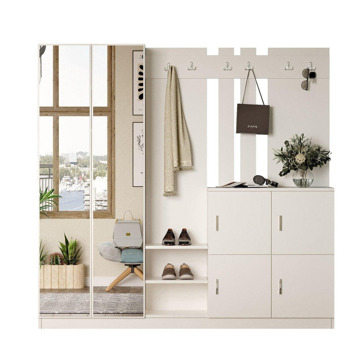 Pantofar Curier cu oglinda si 4 compartimente, Alb, 187 x 180 x 38 cm