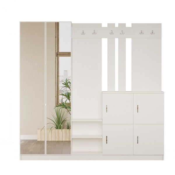 Pantofar Cuier cu oglinda si 4 compartimente, Alb, 187x180x38 cm