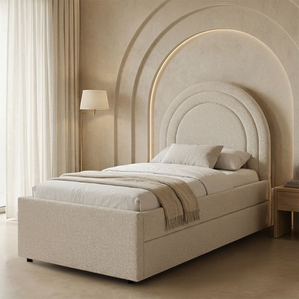 Pat Arcuate din stofa boucle, cu pat glisant, Antracit - Bej, 90x200 cm