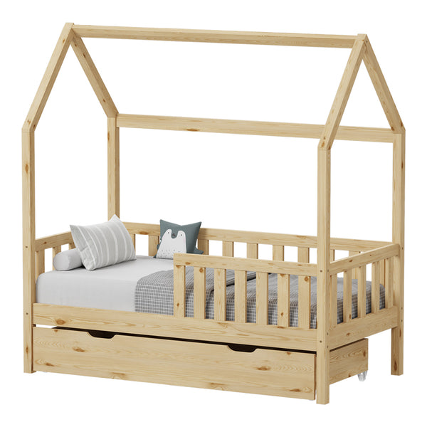 Pat bebe Bendina de tip Montessori cu sertar din lemn de pin, Natural, 70x140 cm