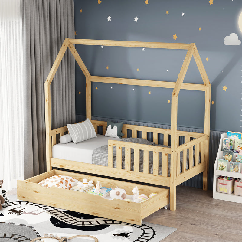 Pat bebe Bendina de tip Montessori cu sertar din lemn de pin, Natural, 70x140 cm, imagine suplimentara