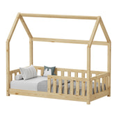 Pat copii Bambie cu balustrada tip Montessori din lemn de pin Natural 70x140 cm