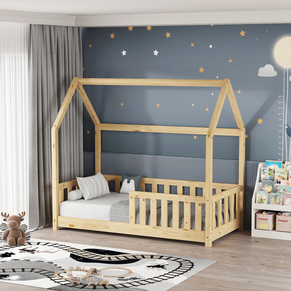 Pat copii Bambie cu balustrada tip Montessori din lemn de pin, Natural, 70x140 cm